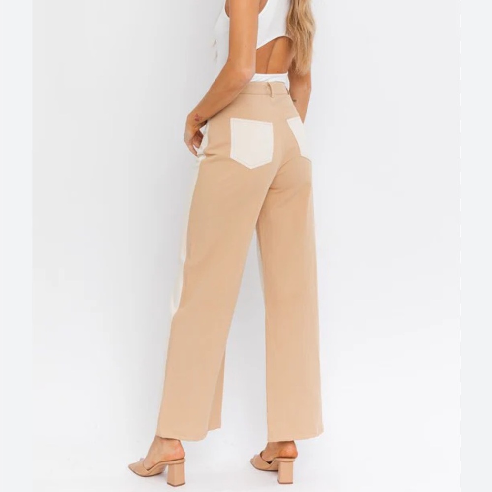 LE LIS Wide Leg Color Block Twill Jeans Pants Tan Cream‎ Women’s Size L